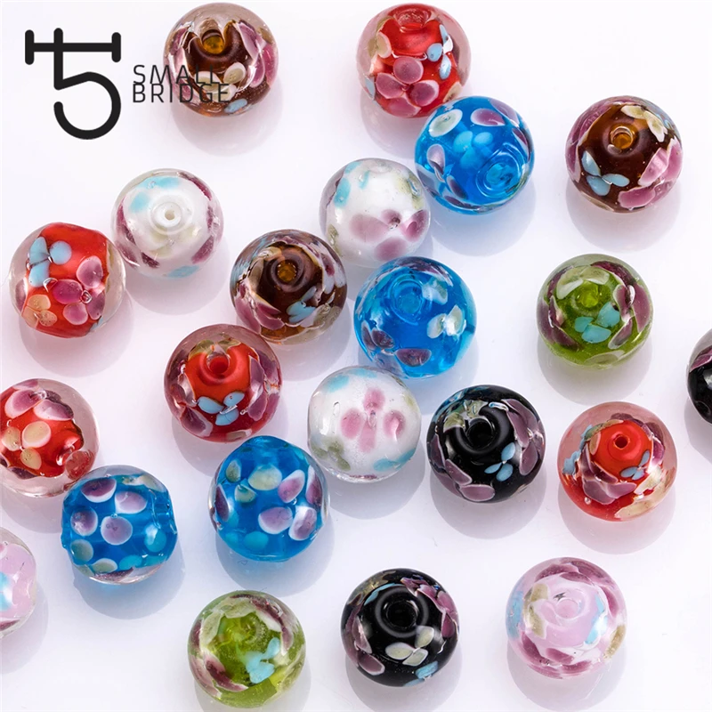 14mm Murano Flower Lampwork Glass Beads for Jewelry Making Women Diy Bracelet Perles Loose Transparent Round Beads L301