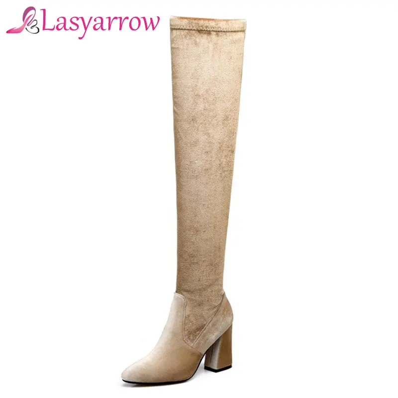 

Lasyarrow Women's Winter Long Boots High Heels Zipper Over The Knee Boots Sexy Thigh High Stiletto Boots Thick Heel Botas RM098