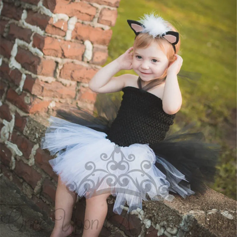 Vestido de tutú de ganchillo para niña, corsé de tul de 2 capas, Tutus de Ballet con lazo de gato, fiesta, personalizado, negro y blanco