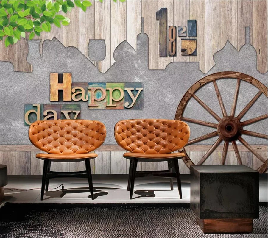 

wellyu Custom Wallpaper 3d Photo mural Retro Nostalgic Cement Wall Wood Wheel Bar Cafe Background Wall paper papel de pared обои