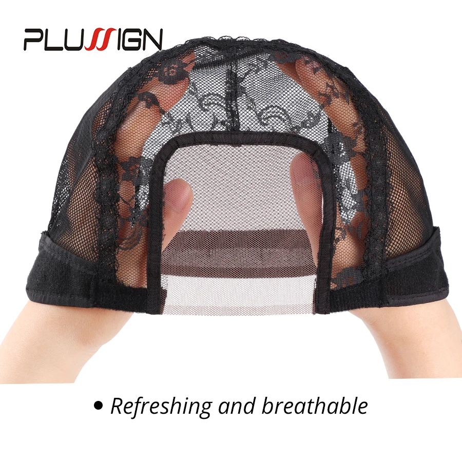 Plussign U-образный швейцарский кружевной парик, черная сетка для волос, шапочки для париков, плетение шапочек с регулируемым ремешком, инструменты