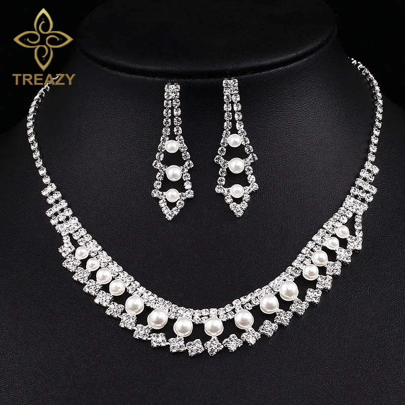 TREAZY Bridesmaid Bridal Jewelry Sets Simulated Pearl Crystal Choker Necklace Earrings Set Women African Wedding Jewelry Sets