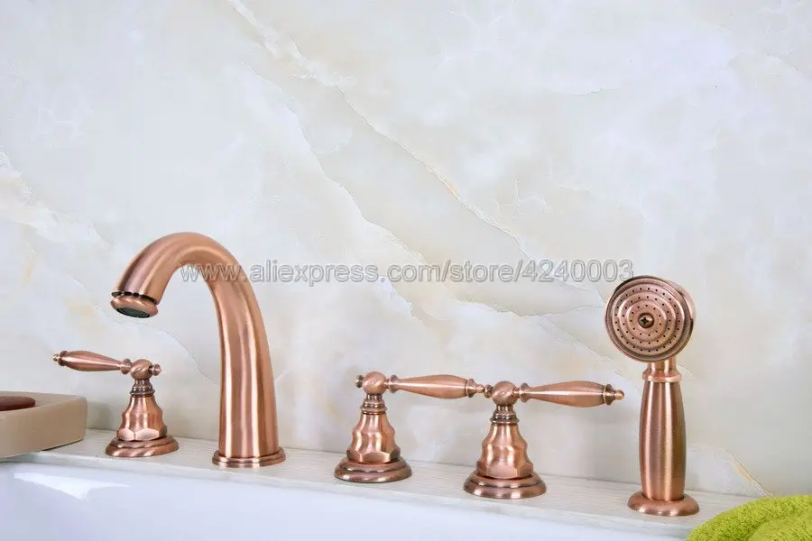 

Antique Red Copper Widespread 5 Holes Roman Bathtub Faucet Tap with Hand Shower Spray Ktf235