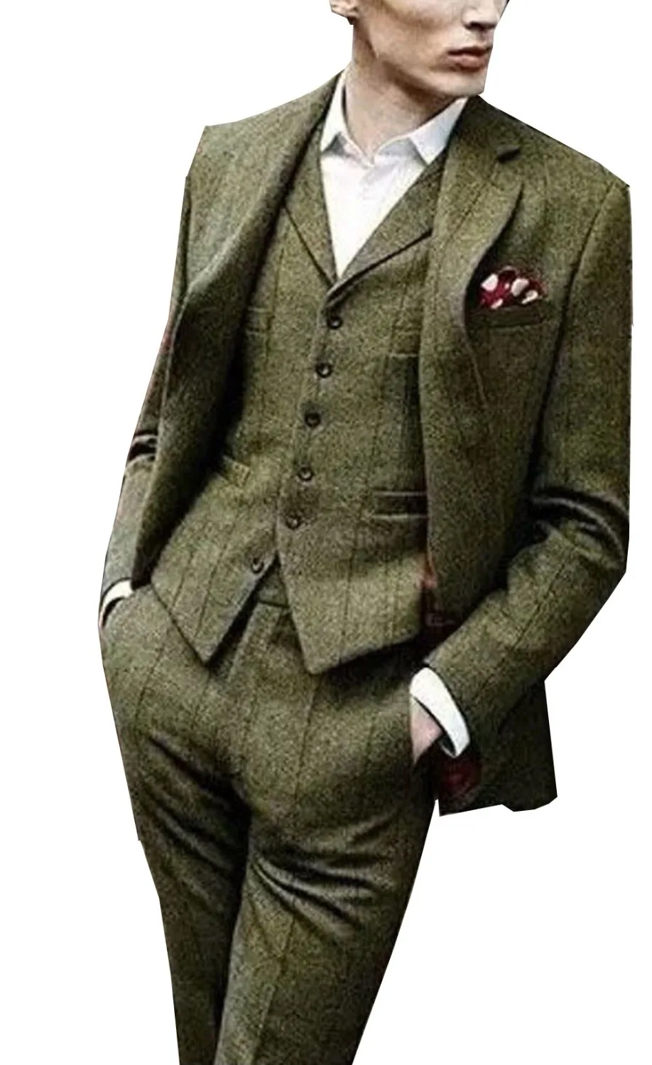 

Tweed Men's Suit Slim Fit 3 Pieces Windowpane Check Formal Tuxedos Shawl Lapel Suits (Blazer+vest+Pants)