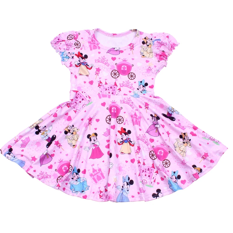 Children Girls Minnie Twril Dress Baby Girls Princess Minnie Castle Crown Print Twril Dress Kids Cartoon Milksilk Party Clothing