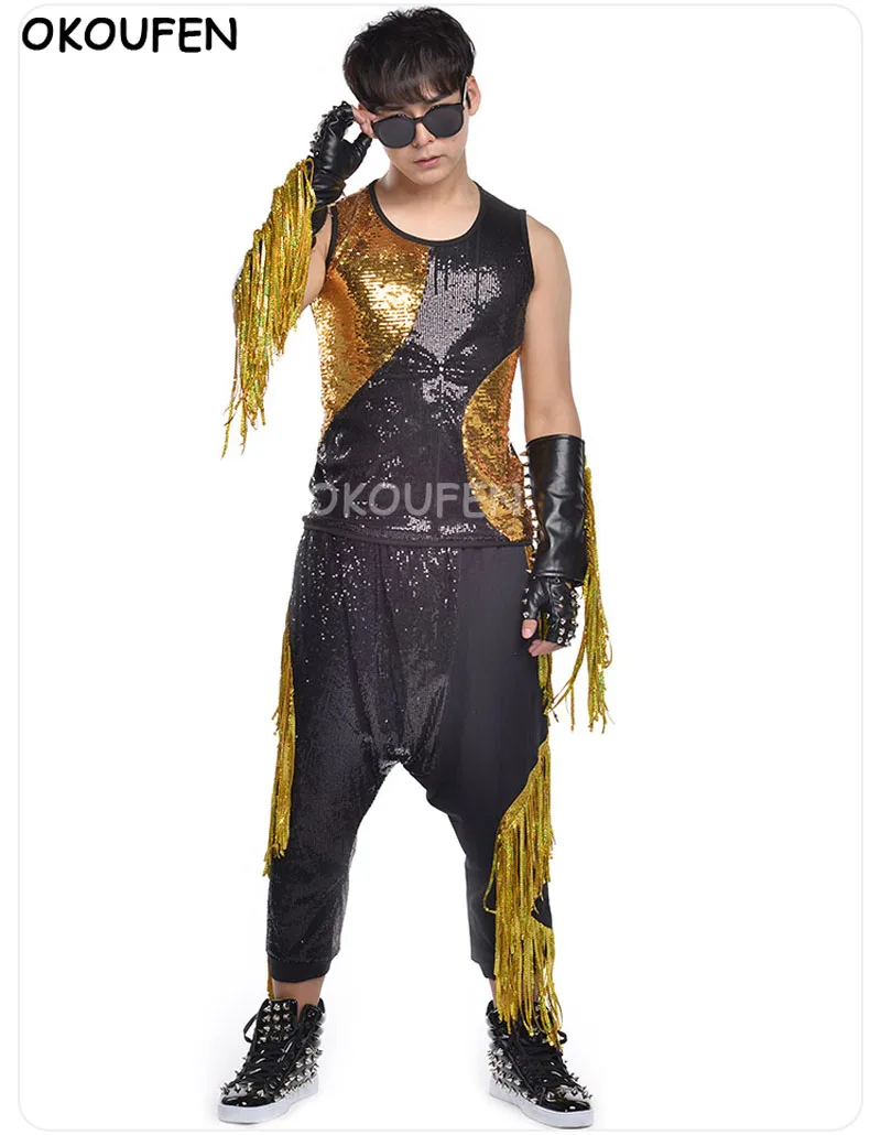 

Men Jazz DanceWear Rock Drums Sequins Vest Harem Pants Set Nightclub Singers Stage Performance clothing