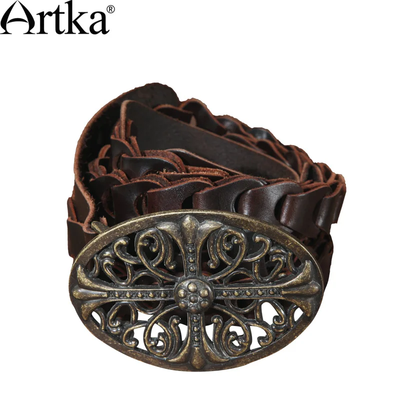 ARTKA Women'S Vintage Knight Cool Fashion Genuine Leather Carved All-Match Metal Buckle Belt  G02400