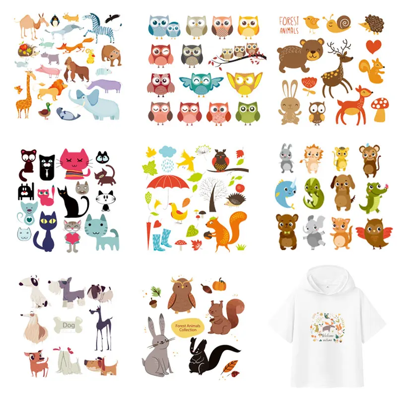 Cartoon Cute Animal Patch Set Iron-on Transfers Kid Clothing DIY T-shirt Applique Owl Tortoise Marine Life Heat Transfer Sticker