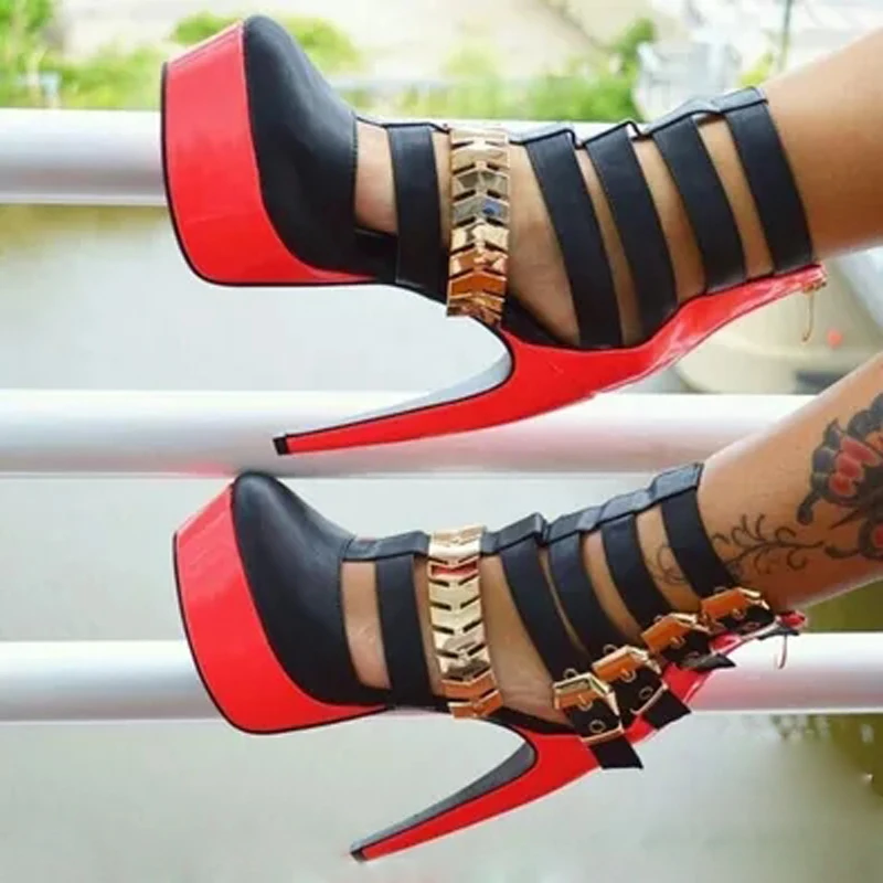 

Girl's Black and red Patchwork Leather Gladiator Sandals Boots Metal Buckle Women Platform Super High Heel Summer cut out Boots