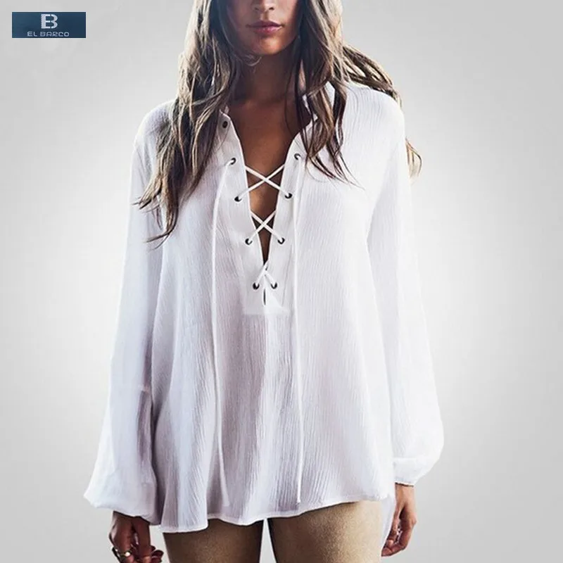 [EL BARCO] 2017 New Cotton Linen Long Chiffon Blouse Shirts Blusas Women Summer Sexy Plaid White Female Casual Tops Clothing