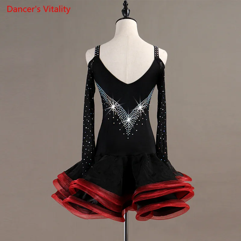 Custom Made Competition Latin/Women/girls Dance Dress Rumba Skirt Ballroom stage Costumes Long sleeve Rhinestone Dance Dress