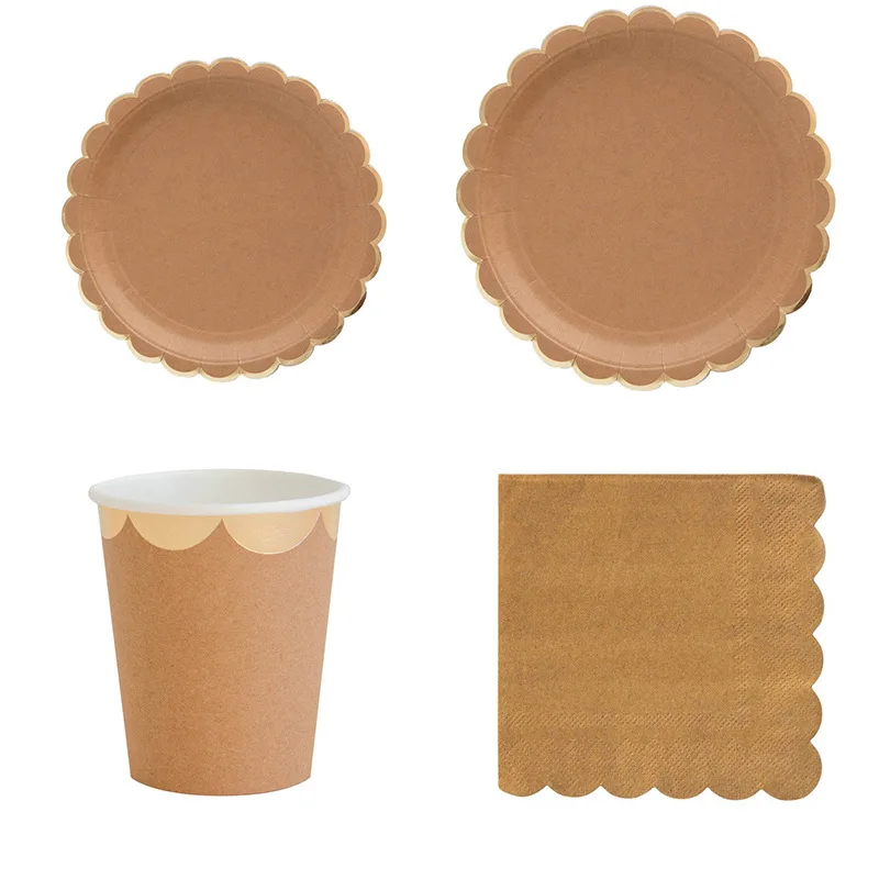 Party Pure Kraft Paper Themed Disposable Tableware Set Paper Plates Cups Straw Napkins Party Wedding Carnival Tableware Supplies