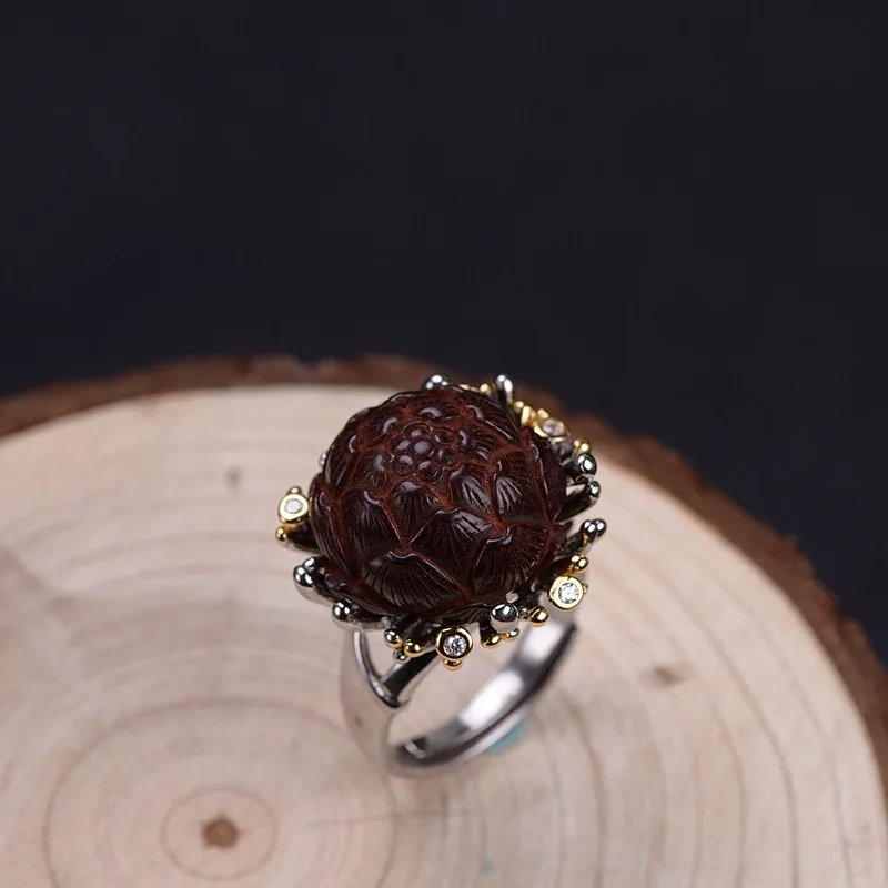 

S925 silver restoring ancient ways is technology Female fashion lobular rosewood peony ring