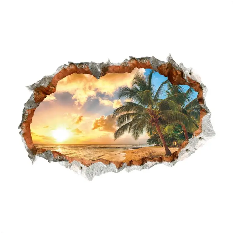 Seabeach Sunset Coconut Tree Wall Stickers For Office Shop Home Art Pvc Wall Decals Decoration Diy 3d Broken Hole Scenery Mural
