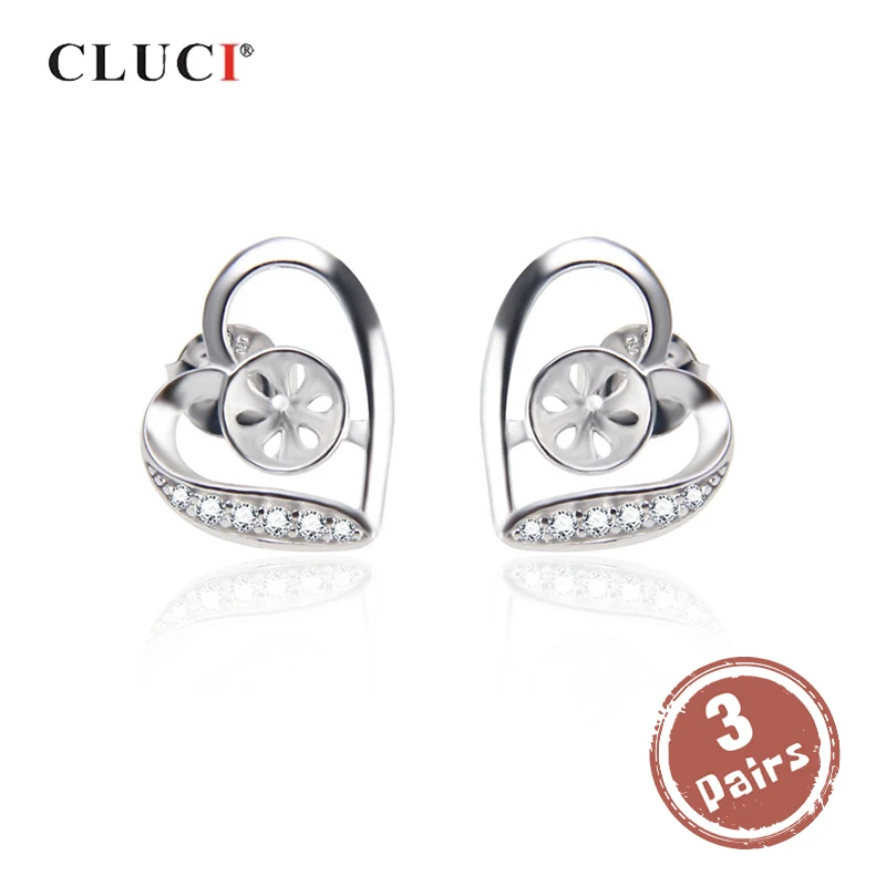 

CLUCI 3 pair 925 Sterling Silver Earrings for Women Silver 925 Pearl Mounting Zircon Heart Earrings for Engagement SE056SB