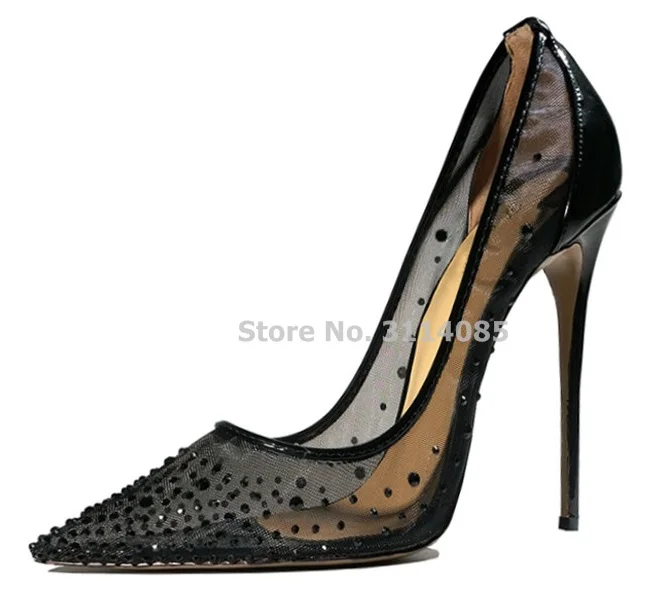 

Ladies Sexy Black See Through Mesh Bling Bling Crystal Pointed Toe Pumps Stiletto Heels Shallow Patchwork Dress Shoes Wedding