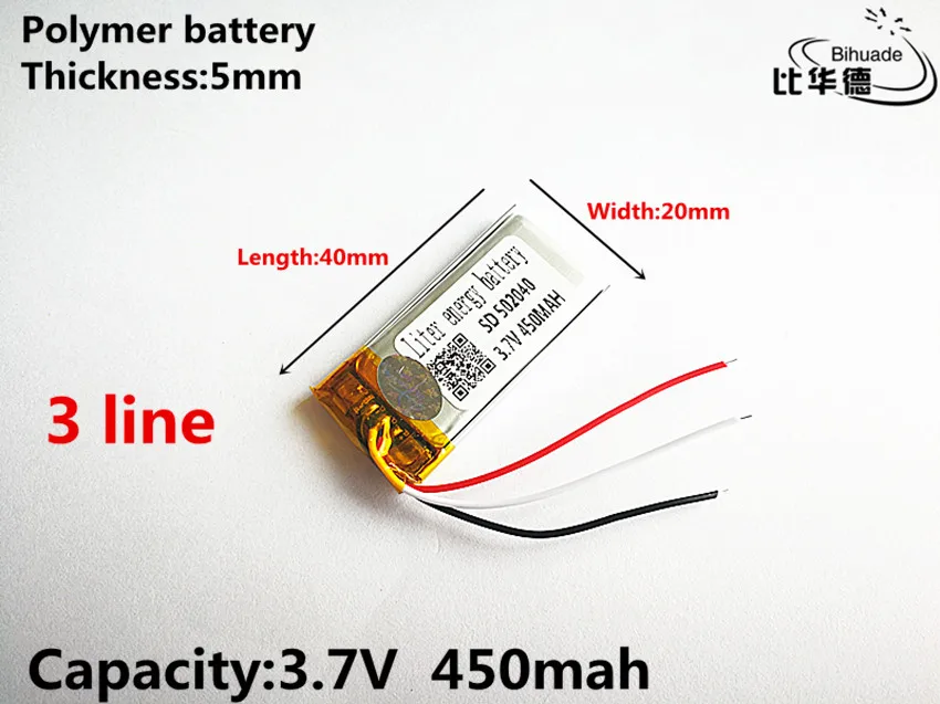 Batterie lithium-ion/Li-ion 3.7V,450mAH,502040 polymère, 3 lignes, bonne qualité, pour jouet, batterie externe, GPS,mp3,mp4