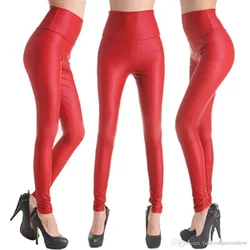 Mallas de cuero falso de cintura alta para mujer, leggings de lápiz delgados, sexy, rojo, pantalones punk de moda, precio al por mayor