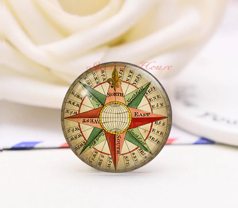 Handmade Round Compass photo glass Cabochons, Jewelry Finding Cameo Pendant Settings, (F2587-1555)