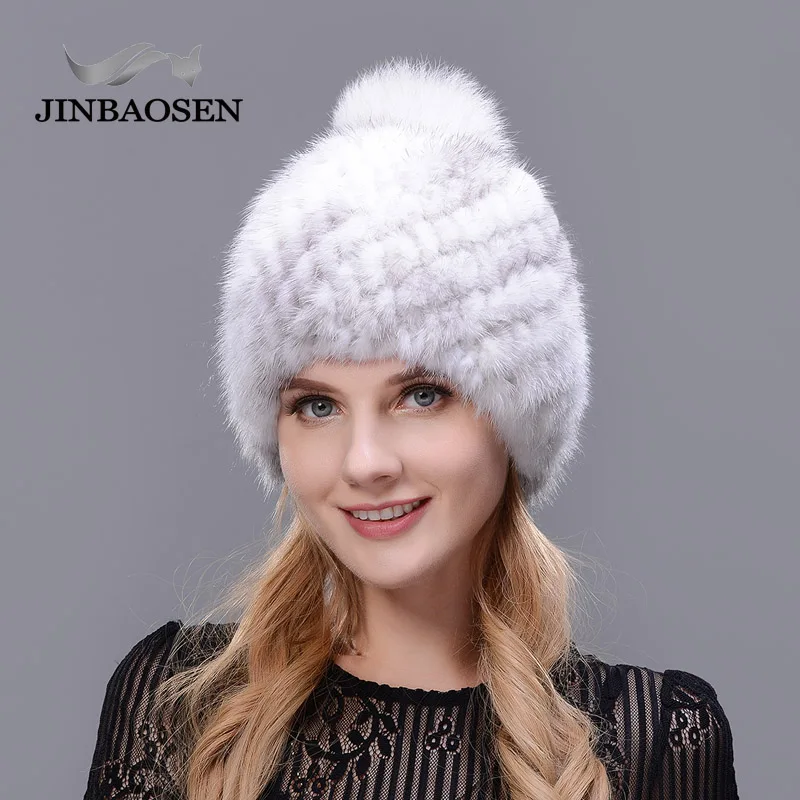 JINBAOSEN New Thick Female Hat Hot Sale Real Mink Fur Hat Ladies Winter Knit Water Hat With Fox Fur Pompoms