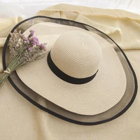 HT2504 Sun Hat Summer anti-UV Lady Wide Brim Hat Women Solid Plain Floppy Summer Straw Hats for Women Female Mesh Brim Beach Hat - Image 5