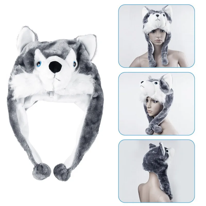 1pc Cartoon Tier Stil Wolf Hut niedlichen flauschigen Kinder Kappe weichen warmen Schal Ohren schützer Plüsch Hut Maskottchen Huskies Hut