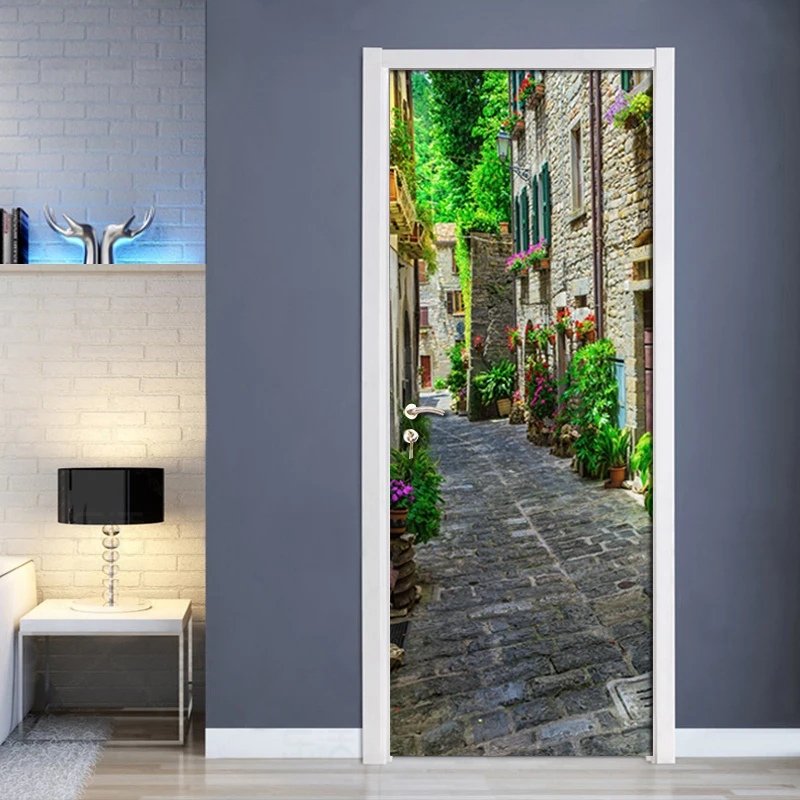 Living Room Bedroom Door Sticker Wall Mural Art PVC Waterproof Self-adhesive Street View Door Stickers Home Decoration Wallpaper