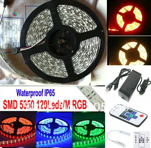 

16.4FT Double row 5m/reel RGB SMD 5050 120leds/m led strip light 12V 600Leds Waterproof IP65+Mini RF remote controller+Adapter