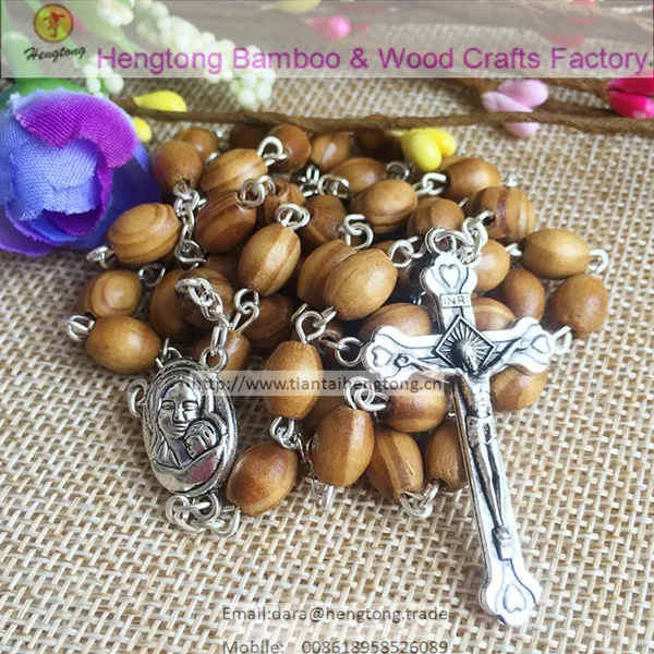 5pcs/pack cheap brown immitation olive wood rosary pine beads rosary with terra soil rosary center and Jerusalem cross