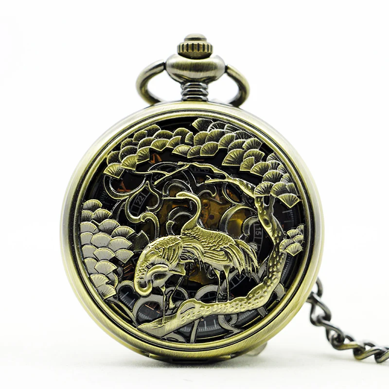 

Antique Pine Tree Red Crowned Crane Embossed Mechanical Pocket Watch Vintage Gentleman Style Accessories Pendant Necklace Clock