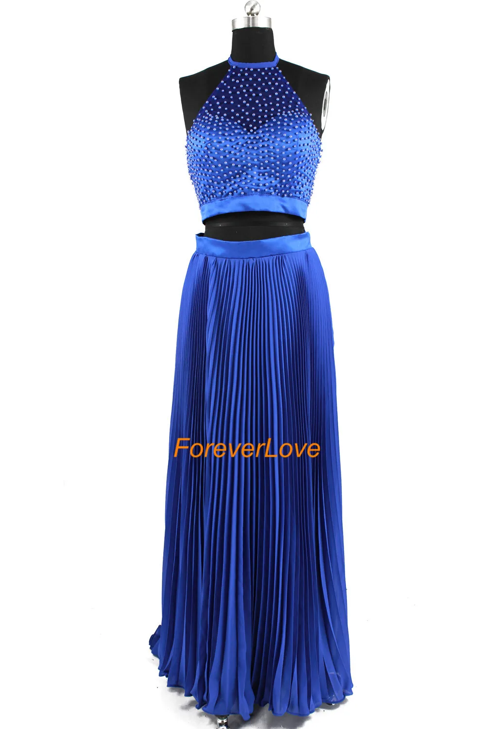 Hermoso vestido Halter de dos piezas, negro, blanco, azul, perlas, largo, para fiesta de graduación, Formal, de noche, 2016