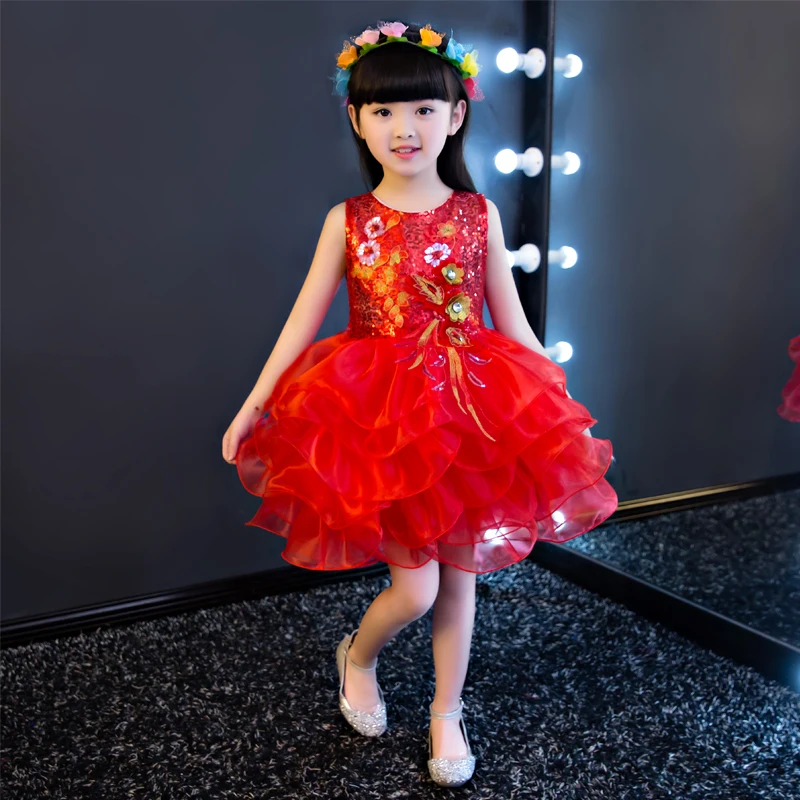 Children Short Birthday Party Cupcake Pageant Clothes Sequins Wedding Princess Dresses Lavender Yellow Red Ball Gown Dress Kids