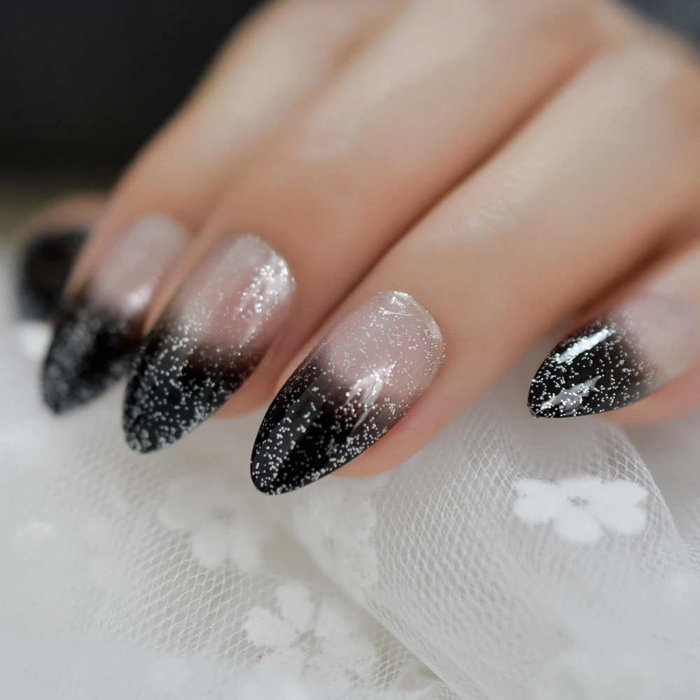 Gradient Clear สีดำภาษาฝรั่งเศสคำกดบนเล็บปลอมเคล็ดลับ Stiletto สวมใส่ Bling Silver Glitter รูปไข่ Sharp DIY ออกแบบเล็บ