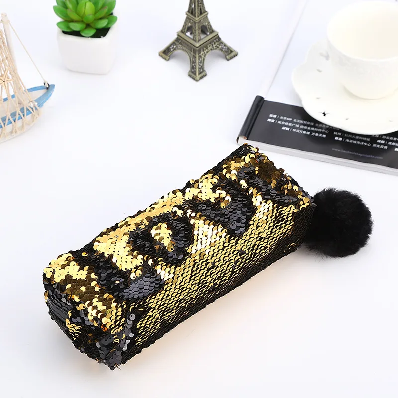 Kawaii School Pencil Case Reversible Sequin Hairball Pencil Case For Girls Cute Pencil Box Student Supplies Stationery Gift