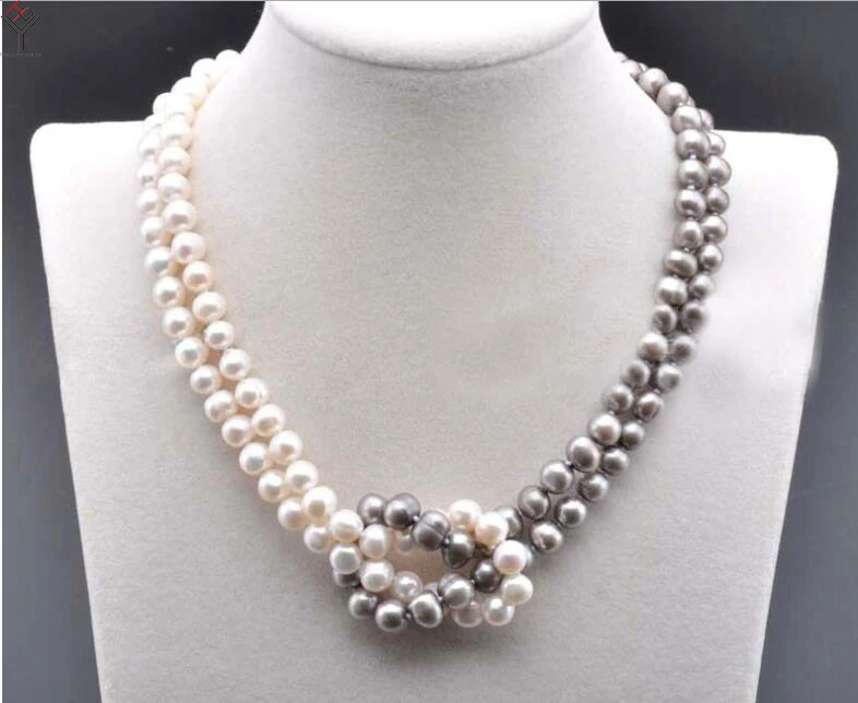 wedding Women Jewelry 2 Rows Necklace 8-9mm White GRAY half mixed pearl Necklace Natural Freshwater Pearl 2 strands necklace