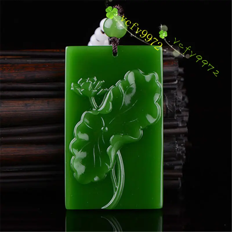 Fashion Natural Green Jadeite Lotus Pendant Necklace Hand-Carved Lucky Amulet Hot