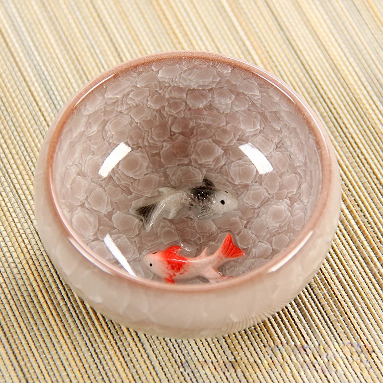New Design 3D Ceramic Golden Fish China tea Cup,Kung Fu Tea Cup Set Crackle Glaze Travel Tea Bowl Chinese Porcelain Teacup Sets
