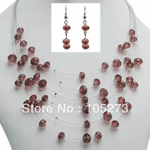 Stunning Natural Crystal Jewelry Set Burgundy Color Mixes Crystal Beads Tibet Silver Necklace Earrings 6-8mm 18'' New Free Ship