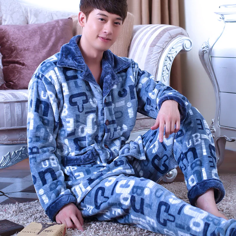 Male Coral Fleece Pajamas Men's Thickening Flannel Long Sleeves Homewear 2pcs Coral Velvet Nightwear Plus Size Sleepwear D-2078