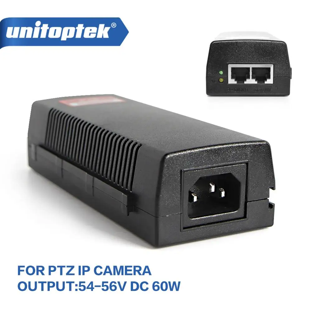 Poe Injector 54V 60W Volledige Uit 100/1000Mbps Power Over Ethernet Enkele Poe Poe werk Voor Mini Ptz Dome Poe Ip Camera