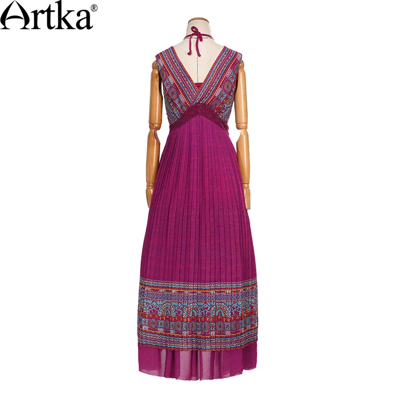 ARTKA Women\'s 2018 Summer Ethnic Printed Chiffon Two-pieces Dress Fashion Sleeveless Empire Waist Draped Hem Dress LA14550X