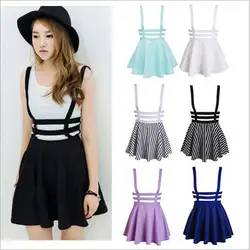 Women Suspender Skirts Girl Ruffles Skater Pleated Short Braces Skirt Back Zipper Hollow Out Skirt Fashion Bandage Mini Dresses