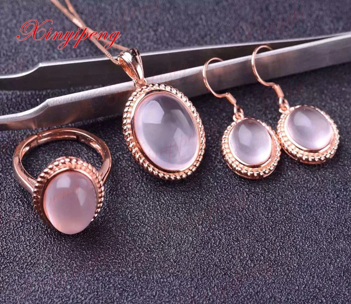 

100% Natural Rose quartz suit jewelry 925 Sterling silver Female Fashion jewelry Full moist