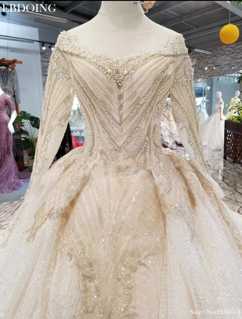 Vestidos De Novia الكرة ثوب الزفاف قارب الرقبة كامل الأكمام المحكمة قطار الدانتيل يصل فستان عروس حجم كبير مع الدانتيل الخرز