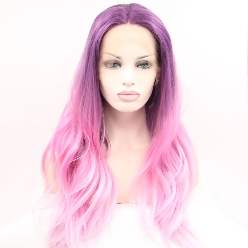 

Sylvia Purple To Pink Two Tones Ombre Natural Wavy Wig Synthetic Lace Front Wigs For Women Heat Resistant Fiber Hair