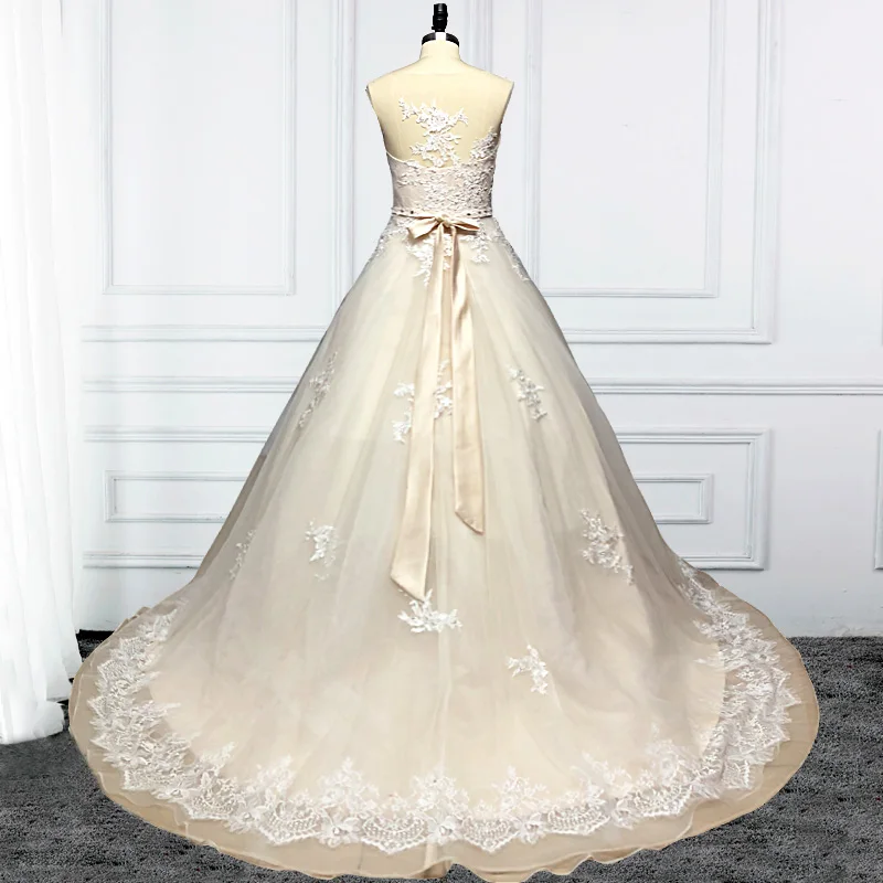 E JUE SHUNG Champagne Tulle Ivory Lace Appliques Ball Gown Wedding Dresses Sheer Back Beaded Wedding Gowns Robe De Mariee