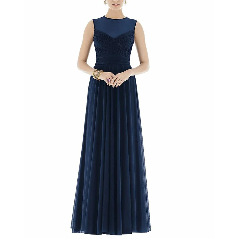 Elegante Navy Blue Damigella D'onore Abiti Senza Maniche di Lunghezza Del Pavimento Chiffon Donne Del Partito di Nozze Abiti Da Sposa Lungo Damigella D' Onore Del Vestito