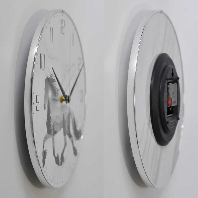 Round 12 Inch Running Horse MDF Wall Clock With Silver PVC Circled And White Grey Black Printing