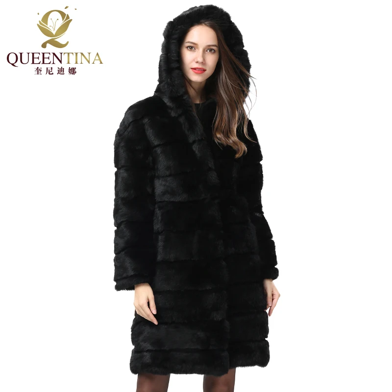 QUEENTINA New Winter Real Rabbit Fur Jacket Black Thick Warm Soft Women Christmas Outwear Full Pelt Natural Fur Coats