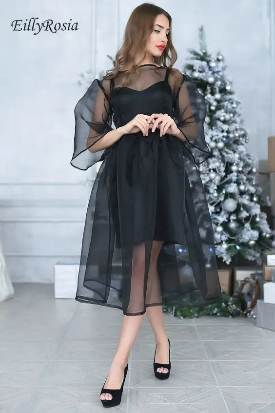 2019 Black Prom Dress Long Sleeve Tea-Length A Line See Through Sheer Tulle Sexy Evening Party Gowns balo elbiseler Gala Dress